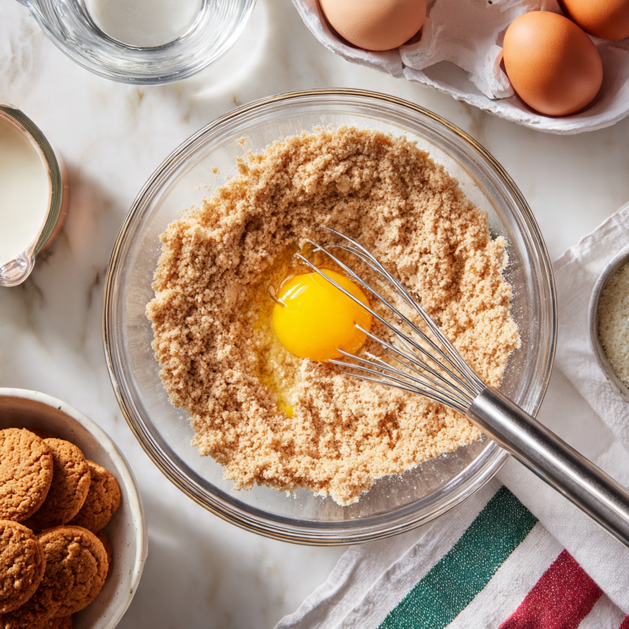 A clear glass bowl sits on a white marbled surface, filled with a mix of light brown powder and wet ingredients forming a crumbly texture. In the center of the mixture lies a bright yellow egg yolk surrounded by the powder. A silver whisk rests inside the bowl, slightly submerged in the mixture on the right side. Around the bowl, there is a white bowl filled with round, brown cookies at the lower left, a glass measuring cup with milk at the upper left, and another glass measuring cup with water at the upper right, alongside a white cloth with green and red stripes on the lower right. Photo taken with an iphone --ar 4:5 --v 7