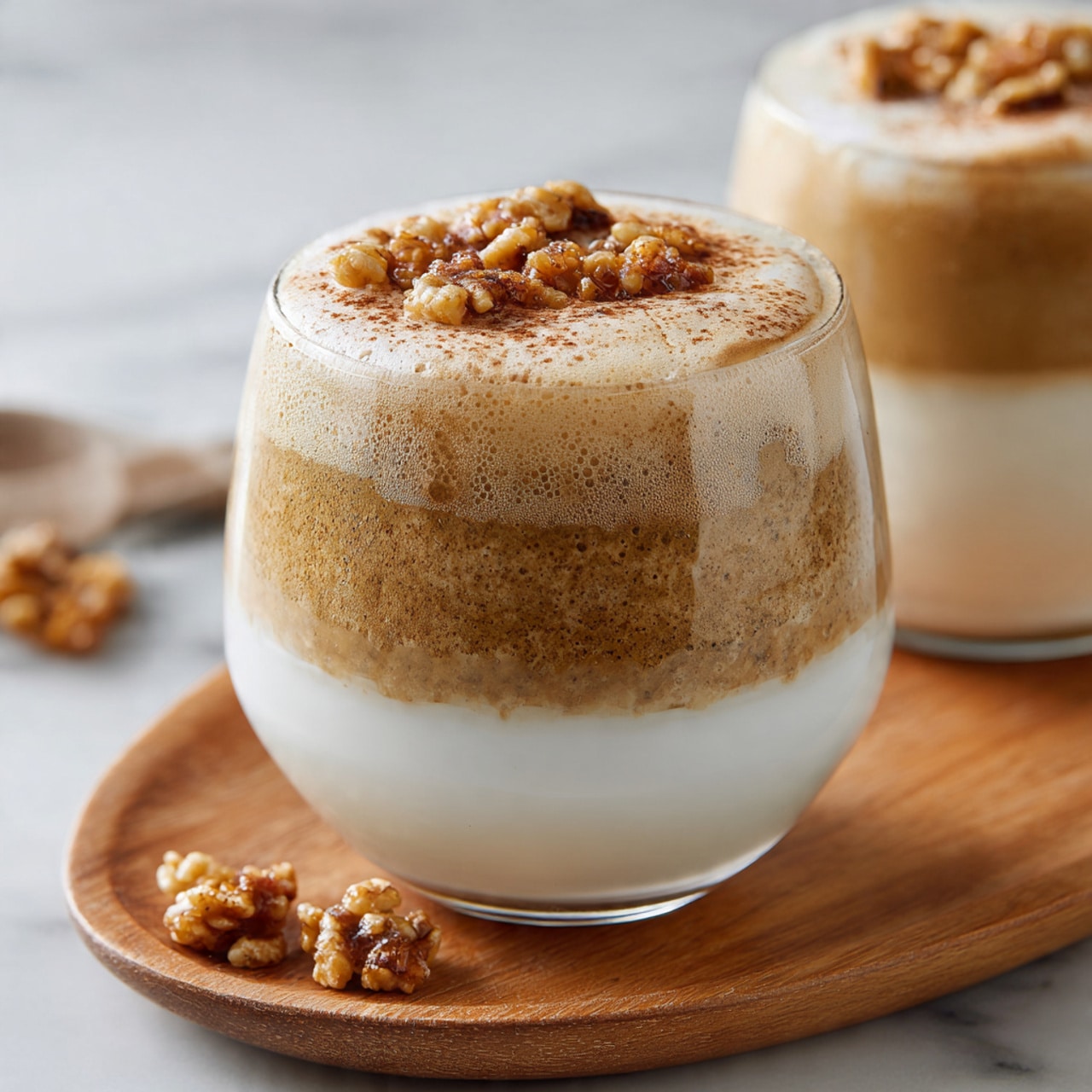 A clear glass filled with three layers: the bottom layer is white milk or cream with a slightly frothy texture, the middle layer is light brown coffee with a smooth texture blending softly into the milk below, and the top layer is a thick, light tan foam dusted with brown cinnamon powder and small crunchy pieces scattered on top. The glass is placed on a round wooden board sitting on a white marbled surface, with a few crunchy pieces next to the glass. In the background, a blurred second glass with a similar drink is visible. Photo taken with an iphone --ar 4:5 --v 7