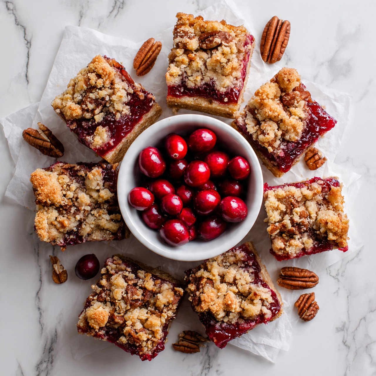 The image shows a batch of square fruit crumble bars arranged around a small white bowl filled with fresh red cranberries, placed in the center. Each bar has two visible layers: a bright red fruit filling on the bottom and a golden crumbly topping mixed with pecan pieces on top. Some pecans are sprinkled on the bars and around the bowl on the white parchment paper. The bars are placed on a white marbled surface. Photo taken with an iphone --ar 4:5 --v 7