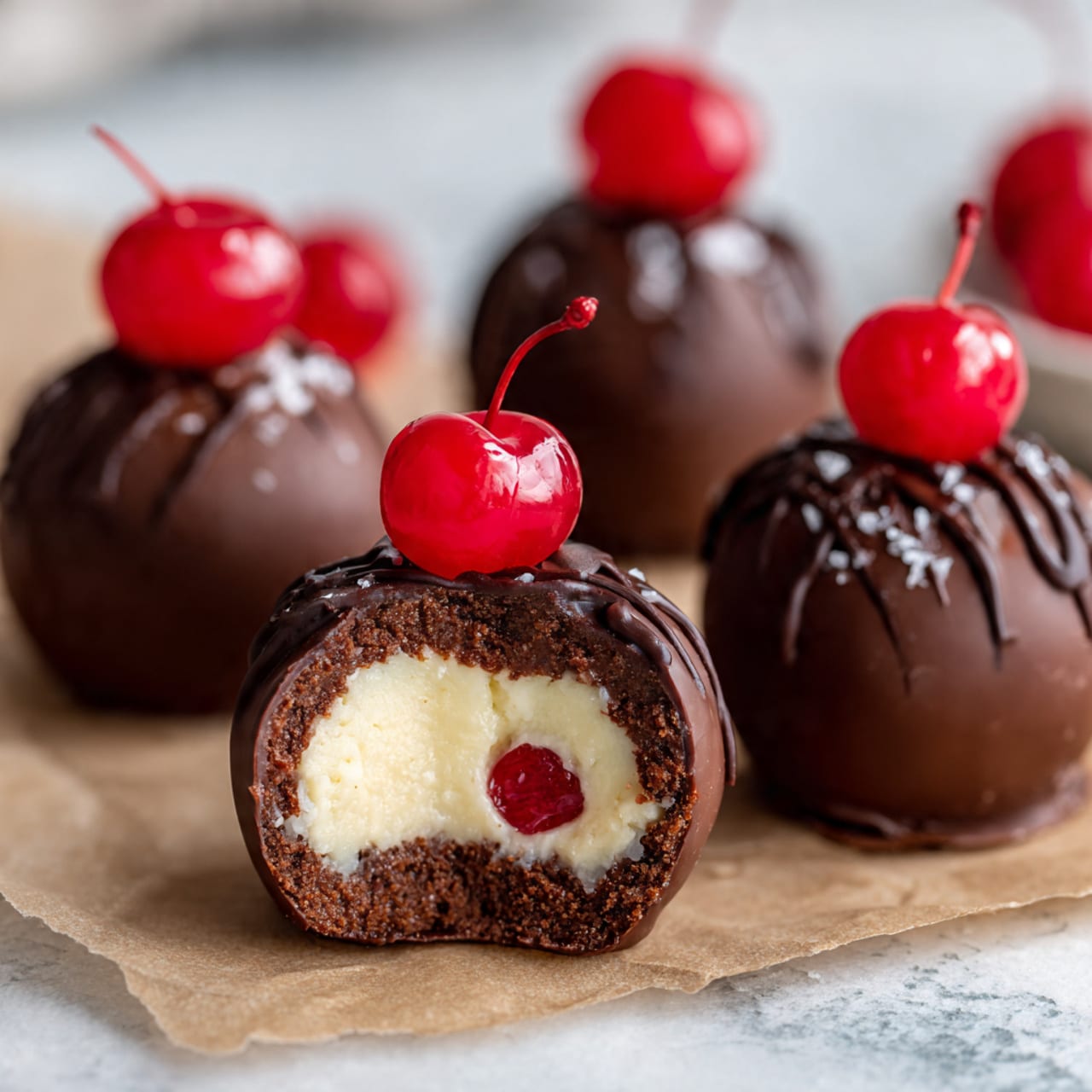 The image shows several small round chocolate balls with a shiny dark brown outer layer. Each ball has a bright red cherry on top. One chocolate ball in the front center has a bite taken out of it, revealing a creamy white inner layer mixed with bright red fruit filling. The chocolate balls are placed on light brown parchment paper on a white marbled surface. The background is softly blurred with more cherries visible. photo taken with an iphone --ar 4:5 --v 7