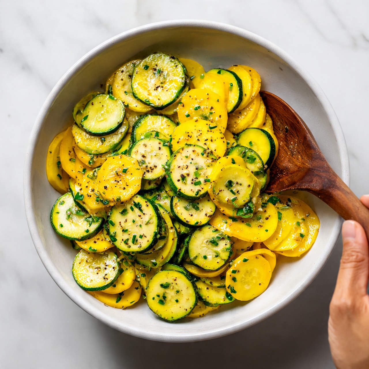 A close-up image shows a white bowl filled with sliced yellow squash and zucchini mixed together. The slices are thin and round, with visible black pepper sprinkled on top and small bits of chopped green herbs. A woman's hand holding a wooden spoon stirs the vegetables gently. The background is a white marbled surface. Photo taken with an iphone --ar 4:5 --v 7