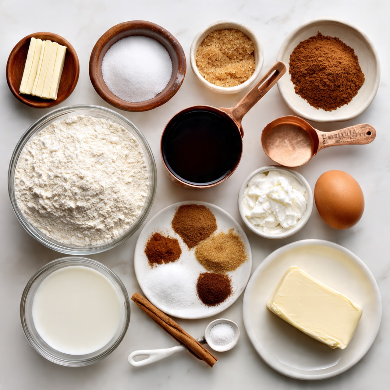 An overhead view of several baking ingredients arranged neatly on a white marbled surface. At the center bottom is a large clear glass bowl filled with white flour. To its right is a copper measuring cup holding dark brown molasses. Above the molasses is a small white plate with a light brown pile of brown sugar. To the left of the molasses is a small white spoon with baking soda. Above the baking soda is a small white dish containing brown and white sticks of butter. To the right of the butter is a small white rectangular dish with a block of cream cheese. Directly above that is a round white plate holding four piles of spices: light brown ginger, medium brown nutmeg, darker cinnamon, and a very dark brown cloves. Near the center is a single brown egg. Above the egg is a medium sized clear glass bowl filled with white powdered sugar. To the left of the sugar is a white bowl with buttermilk. Below the butter is a small white dish containing dark vanilla liquid. A small wooden bowl with white salt sits next to the egg. All items are evenly spaced and labeled with black text on white backgrounds. Photo taken with an iphone --ar 4:5 --v 7