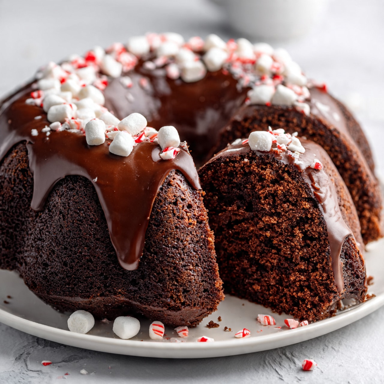 The image shows six steps of making a chocolate peppermint cake in two rows of three photos each. The first photo in the top row is a white bowl filled with smooth, thick, brown chocolate cake batter. The second photo has the same batter in a white bowl topped with three sections: white mini marshmallows in one, crushed red and white peppermint candy in another, and small chocolate chips in the last section. The third photo shows the chocolate batter poured into a silver bundt cake pan, with a smooth, thick texture. The first photo in the bottom row is a clear glass bowl with cream and semi-melted chocolate chips floating in it. The second photo shows a smooth, glossy chocolate sauce in a small bowl with a silver whisk inside it. The last photo has a finished bundt cake on a white plate, covered in shiny chocolate glaze, topped with scattered white mini marshmallows and crushed peppermint candy pieces. All items are placed on a white marbled surface. Photo taken with an iphone --ar 4:5 --v 7