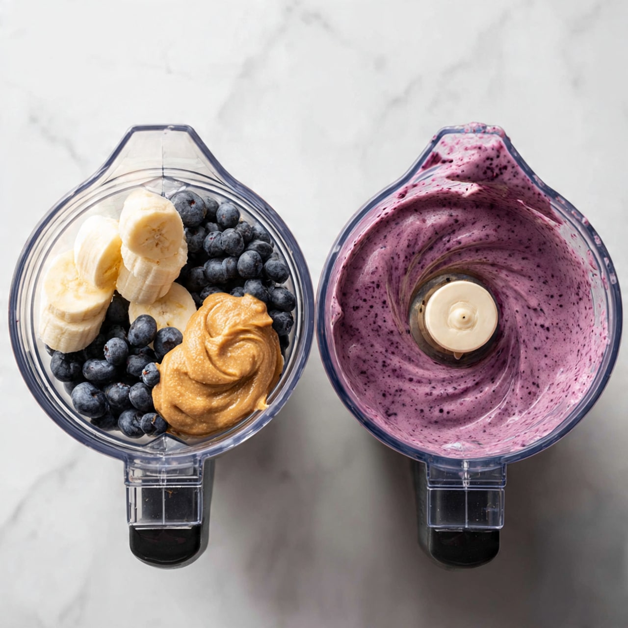 The image shows two clear blender containers side by side on a white marbled surface. The blender on the left contains four ingredients: a pile of dark blue blueberries clustered in the bottom left corner, a dollop of white creamy yogurt on the top left, a peeled banana with a light yellow color placed on the right side, and a spoonful of tan-colored almond butter positioned in the front center. The blender blade sits in the middle, surrounded by these ingredients. The blender on the right is filled with a thick purple smoothie mixture, having a creamy texture with small specks inside, closely touching the blender walls, with the blade partially covered in the smoothie. photo taken with an iphone --ar 4:5 --v 7