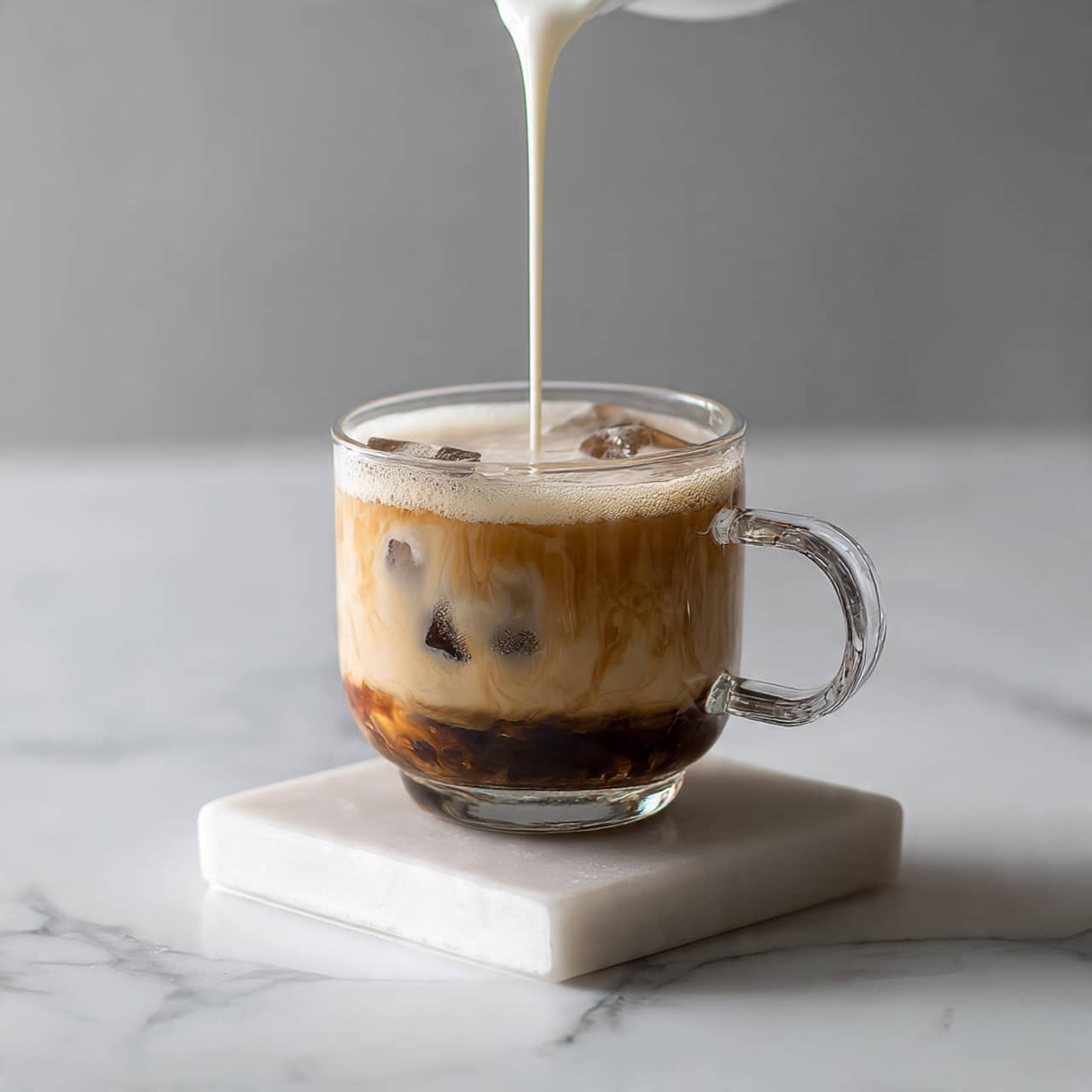 A clear glass cup with a handle sits on a white marble coaster on a white marbled surface. Inside the cup, there are three visible layers: the bottom layer is a dark brown, thick liquid, the middle layer is a light brown liquid with small ice cubes floating in it, and the top layer is a frothy, creamy foam. A creamy white liquid is being poured from above into the cup, blending slightly with the layers. The cup has a green Starbucks logo on the front. photo taken with an iphone --ar 4:5 --v 7
