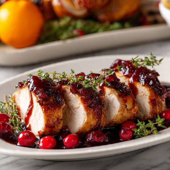 The image shows three thick slices of roasted white meat arranged side by side on a white plate, each slice topped with a shiny, dark red glaze and garnished with small green thyme sprigs. Around the meat slices, whole red cranberries add a pop of color. In the blurred background, a whole roasted bird and half a bright orange can be seen, all set on a white marbled surface. Photo taken with an iphone --ar 4:5 --v 7