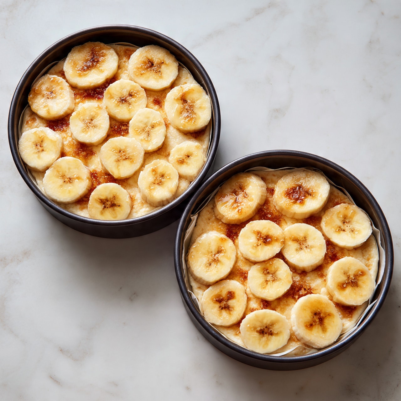 Two round black pans each lined with white parchment paper hold circles of banana slices. The bananas are pale yellow with light brown spots in the middle, laid evenly in a single layer inside each pan, covering the surface but not overlapping. The pans are placed side by side on a white marbled texture background. photo taken with an iphone --ar 4:5 --v 7