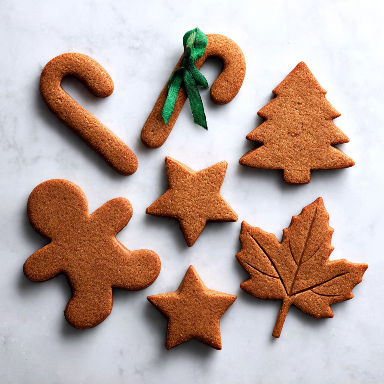 A flat white marbled surface holds several brown gingerbread cookie shapes arranged loosely. The shapes include two candy canes with small holes near the top, one with a green ribbon tied through it, a gingerbread person with rounded edges, a Christmas tree with a small hole at the top point, a large maple leaf, and two star-shaped cookies, each with a small hole near one edge. Each cookie has a smooth and slightly rough texture, with visible cracks on some. The overall scene is simple and evenly lit. photo taken with an iphone --ar 4:5 --v 7
