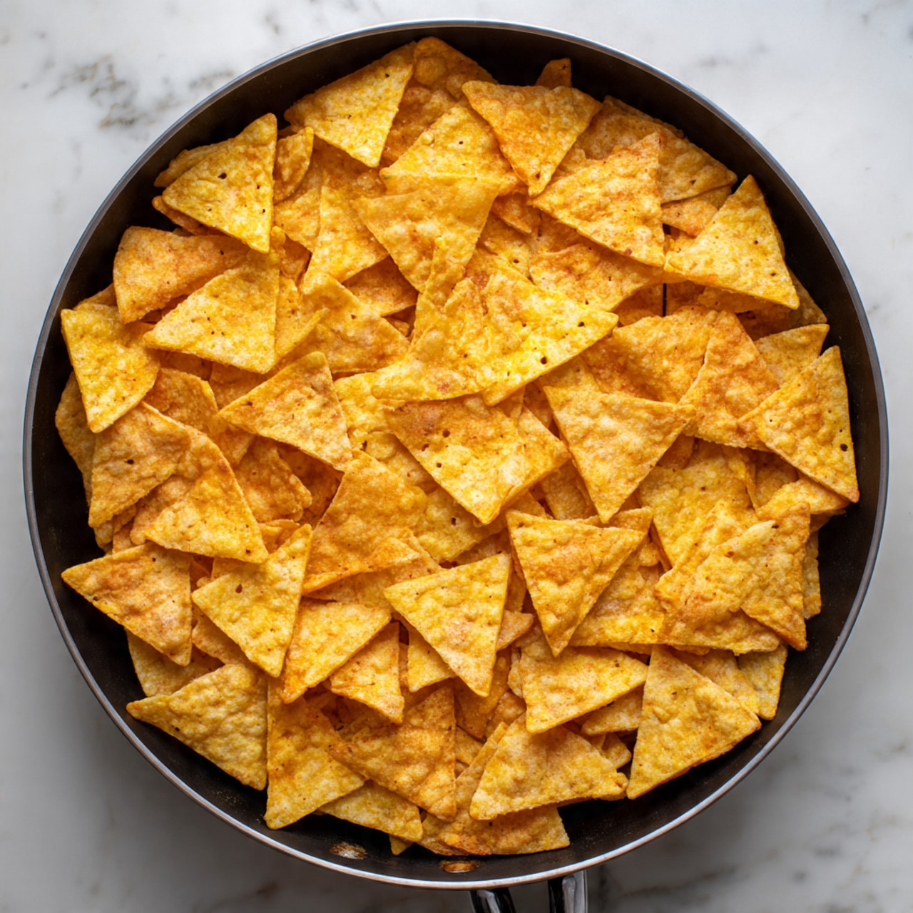 A round black pan filled with a single layer of crispy, golden-yellow triangular tortilla chips. Each chip has a lightly rough texture with small holes and slight brown spots visible on the surface. The pan is placed on a white marbled surface. Photo taken with an iphone --ar 4:5 --v 7