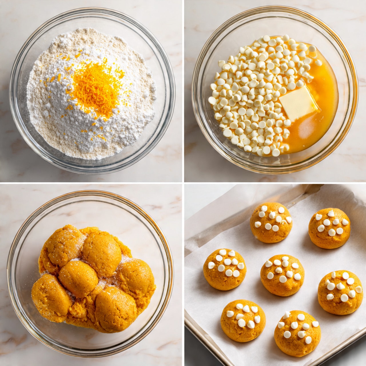 A set of six photos shows the process of making orange cookies with white chips, all on a white marbled surface. The first photo has a clear glass bowl with white flour, sugar, and bright orange zest on top. The second photo shows the same bowl now with two raw eggs and a stick of butter added on the flour and sugar. The third photo shows the bowl filled with mixed orange dough topped with many white chocolate chips. The fourth photo shows the dough fully mixed, orange in color with white chips spread all around inside the glass bowl. The fifth photo shows six round dough balls placed on white parchment paper on a baking tray, each dough ball orange with some white chips on top. The final photo shows twelve baked cookies on a baking tray lined with parchment paper, the cookies golden-orange with white chips scattered on them, slightly cracked on top. Photo taken with an iphone --ar 4:5 --v 7