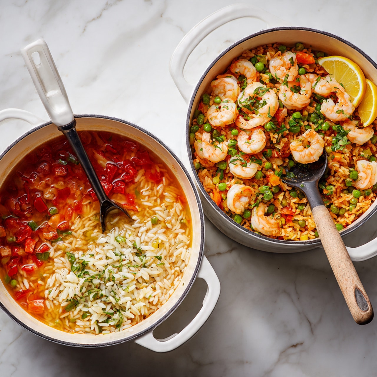 The image shows two large white pots on a white marbled surface, each with a different stage of cooking shrimp and rice dish. The left pot contains three layers: a liquid orange-red broth at the bottom, floating red diced peppers and small shrimp in the middle layer, and uncooked white rice on the top layer, all mixed gently with a black spoon that has a white handle. The right pot displays the finished dish with multiple layers: a base of cooked orange rice mixed with green peas and small red pepper pieces, topped with a layer of firm cooked shrimp with a pink-orange color, scattered bright green herb leaves, and thin lemon wedges placed on top for garnish. A spoon with a black bowl and light brown handle rests inside the right pot. Both pots are on a white marbled background, showing a clean and bright kitchen setup. Photo taken with an iphone --ar 4:5 --v 7