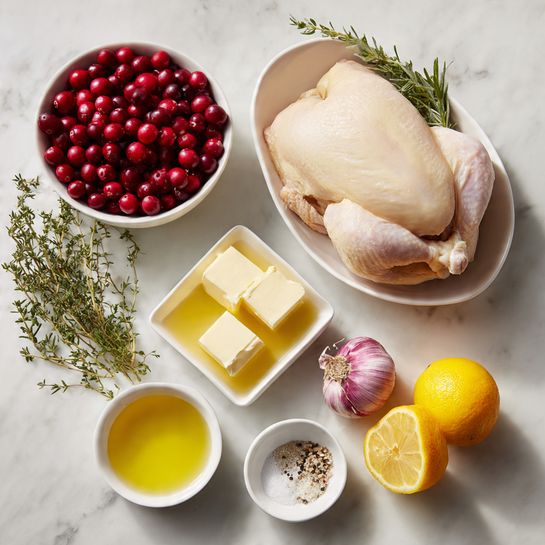 The image shows a simple arrangement of cooking ingredients on a white marbled surface. There is a raw whole chicken placed on a white oval dish, its pale skin slightly shiny and smooth. Nearby, a round white bowl is filled with bright red, shiny cranberries that provide a rich color contrast. Three small white square bowls hold a cube of butter sitting in golden liquid, a larger piece of butter also in golden liquid, and a mix of coarse salt and ground pepper. Below, a small white bowl holds a golden yellow liquid, likely olive oil. Fresh whole garlic with purple streaks sits next to a bright orange orange and a bright yellow lemon. Several sprigs of fresh green herbs, possibly rosemary or thyme, lie beside the fruit. The composition is neat and organized, emphasizing the fresh and natural quality of the ingredients. photo taken with an iphone --ar 4:5 --v 7