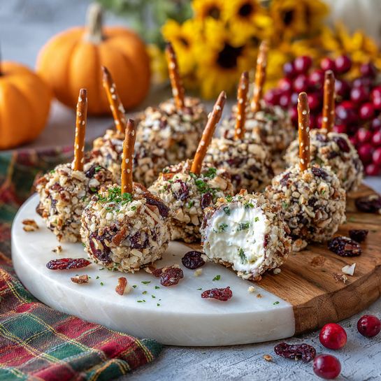 A white round wooden board holds ten small cheese balls covered with chopped nuts and dried cranberries, each with a pretzel stick inserted as a handle on top, arranged in a neat group. One cheese ball is cut open on the board, showing a creamy white inside with small green herb pieces. The board is placed on a white marbled textured table with a green, red, and orange plaid cloth partially visible on the bottom left corner. In the background, there are small orange pumpkins, yellow sunflowers, and clusters of red cranberries creating a warm autumn scene. photo taken with an iphone --ar 4:5 --v 7
