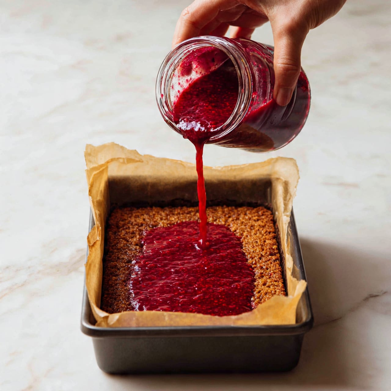 A woman's hand is pouring thick, chunky red berry jam from a glass jar onto a large, golden brown baked crust inside a rectangular baking tray lined with parchment paper. The crust is textured and evenly baked, covering the entire tray with slightly uneven edges. The tray sits on a white marbled surface, adding contrast to the bright red jam and warm crust color. Photo taken with an iphone --ar 4:5 --v 7