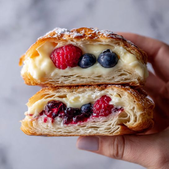 A close-up view of a flaky pastry cut in half, showing many thin, crisp layers of light golden dough inside. Between the layers, there is a dark red fruit jam filling. On the outside, the pastry is topped with a thick, smooth yellow cream that flows slightly down the sides. Small whole blueberries and raspberries are placed on top and around the cream, adding dark blue and red colors. The pastry is held gently by a woman's hand against a soft white marbled background. photo taken with an iphone --ar 4:5 --v 7