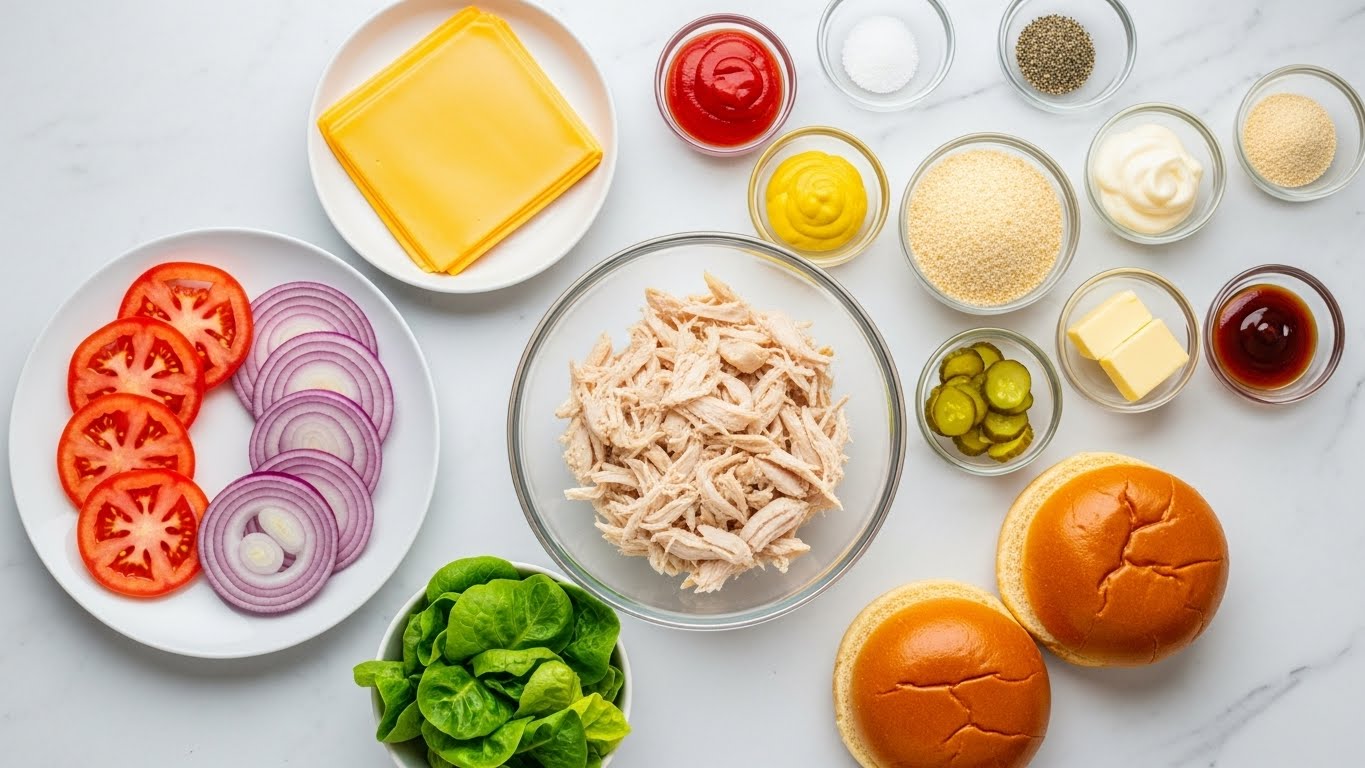The image shows an arrangement of ingredients on a white marbled surface. Centered is a clear glass bowl with pale, shredded chicken. To the left is a white plate with four bright red slices of tomato and five thin round slices of light purple onion. Above that is a white plate holding stacked slices of yellow cheese. Surrounding these main items are small clear bowls with different sauces and seasonings: a bowl with bright red ketchup, one with yellow mustard, and another with creamy white mayonnaise. There are also small bowls containing black pepper, white salt, breadcrumbs, finely chopped pickles, a small square of butter, a light brown powder, and a dark brown sauce. On the bottom left is a small bunch of crisp green lettuce leaves. To the right side of the image, there are two shiny, golden brown sandwich buns, one whole and one open-faced showing the soft inside. The image is clean and well lit, showing all the ingredients clearly. Photo taken with an iphone --ar 4:5 --v 7