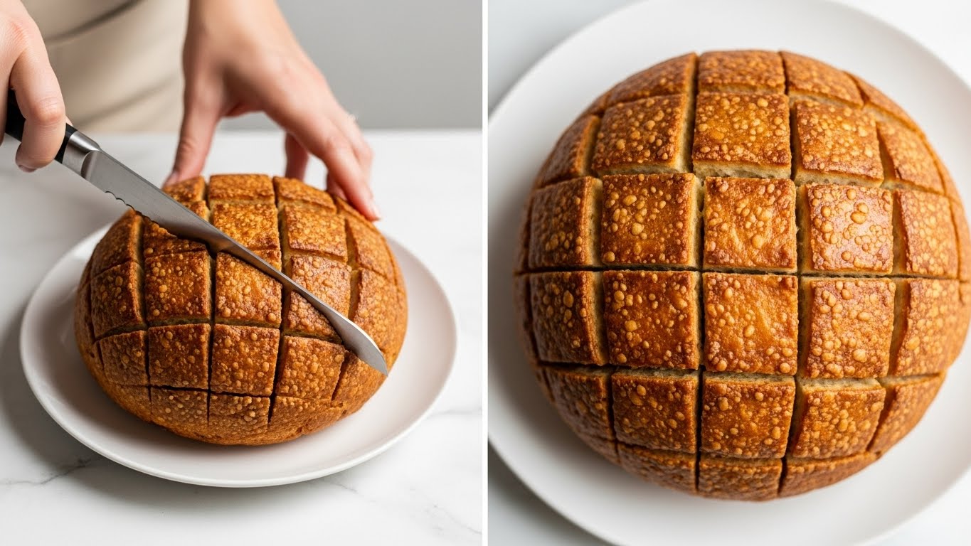 The image shows a round loaf of bread with a golden brown crust, scored evenly in a grid pattern. On the left side, a woman's hand holds a serrated knife slicing into the top of the bread, revealing its soft interior. The loaf rests on a simple white plate placed on a white marbled surface. The right side of the image offers a close-up view from above, emphasizing the crisp crunchy texture of the crust and the even lines formed by the cuts. Photo taken with an iphone --ar 4:5 --v 7