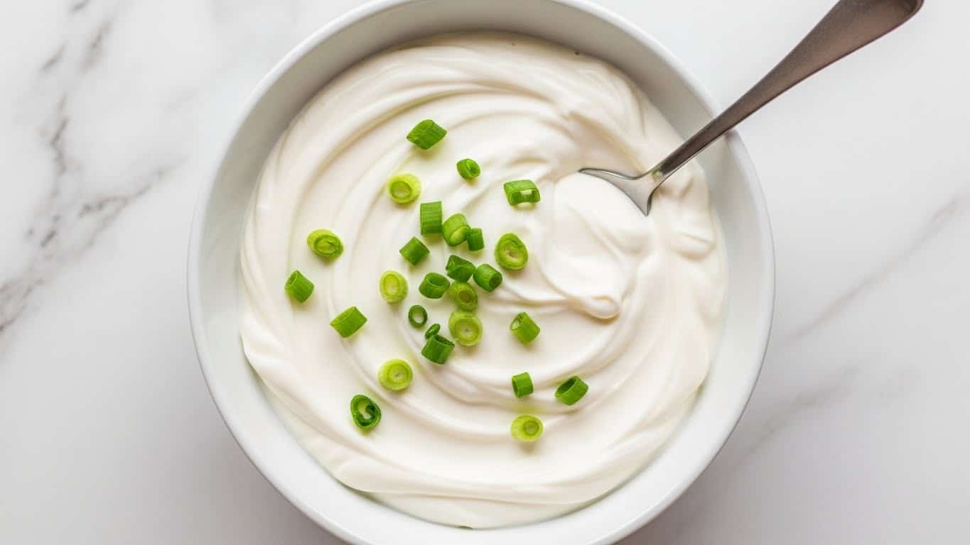 A white bowl filled with a smooth, thick white cream, swirled evenly with soft curves creating a textured surface. Scattered on top are small, bright green chopped pieces of spring onion adding a pop of color. A silver spoon rests inside the bowl, partially covered by the cream and spring onion. The bowl sits on a white marbled surface. photo taken with an iphone --ar 4:5 --v 7