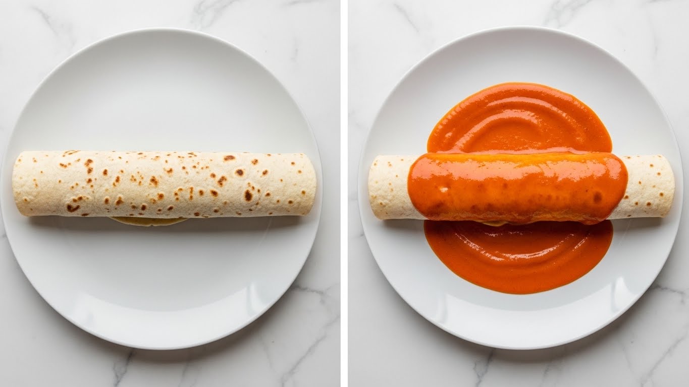 The image shows two side-by-side photos of cooked food. On the left is a black pan filled with brown ground meat mixed with red sauce, showing a moist, textured surface with small chunks evenly spread out. On the right is a white bowl filled with chunky, soft refried beans that have a light brownish-orange color with some red spots, a spoon partially scooping the beans, and the bowl sits on an intricate white trivet placed on a wooden board. The background is a light wood surface. photo taken with an iphone --ar 4:5 --v 7