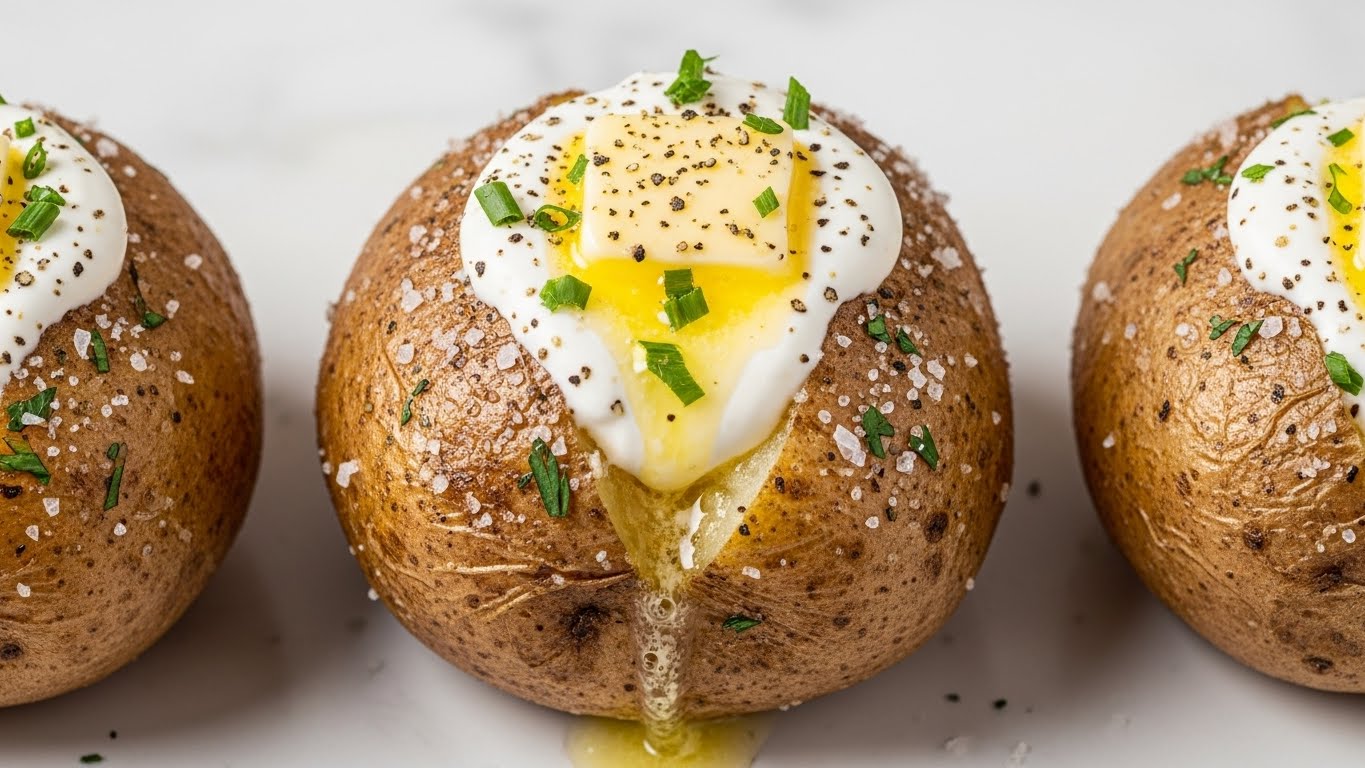 The image shows a close-up view of three baked potatoes lined up on a white marbled surface, with the middle potato fully visible and the side ones partly in frame. The middle potato has a rough, golden-brown, and crispy skin sprinkled with coarse salt and a bit of green herb. It is split open at the top, showing soft, light, and fluffy potato inside. On top of the opening, there is a dollop of white sour cream with smooth, creamy texture and a small mound of melted yellow butter melting underneath. The sour cream is lightly sprinkled with finely chopped green herbs and ground black pepper. photo taken with an iphone --ar 4:5 --v 7