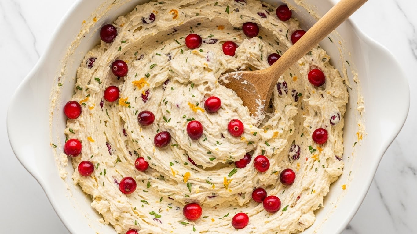 Inside a large white bowl, there is a creamy mixture with a thick and fluffy texture in an off-white to pale yellow color, speckled with small bits of herbs and orange zest. Mixed into this base are bright red cranberries scattered throughout, adding a pop of color. A wooden spoon rests inside the bowl, partially covered with the mixture. The bowl sits on a surface with a white marbled texture. photo taken with an iphone --ar 4:5 --v 7