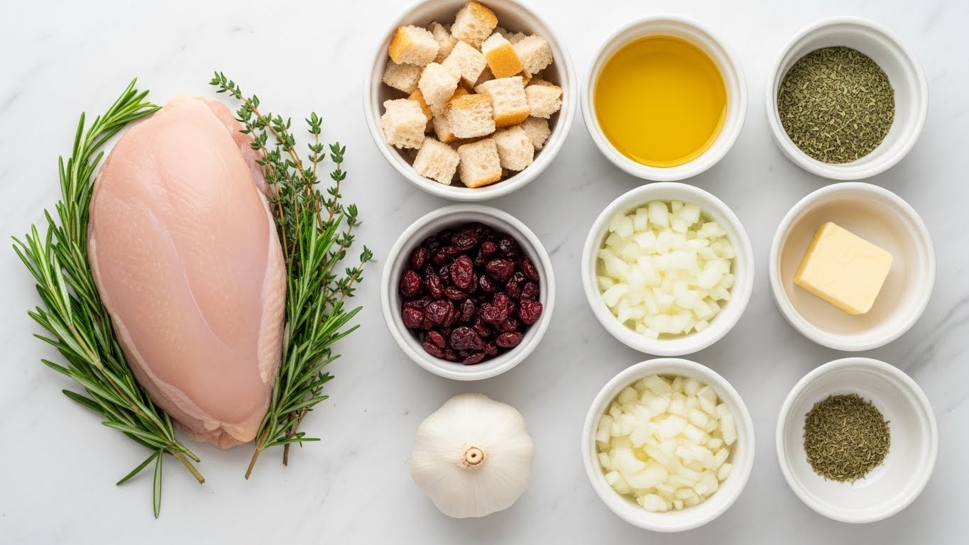 The image shows a simple arrangement of cooking ingredients on a white marbled surface, including a raw light pink chicken piece placed on the left side surrounded by fresh green rosemary and thyme sprigs. Next to the chicken, there is a whole white garlic bulb at the bottom center, and several white small bowls arranged neatly around it. The bowls contain light brown bread cubes, bright red dried cranberries, a golden yellow liquid that looks like oil, a pale yellow cube of butter, finely chopped white onions, and green dried herbs. The scene is clean and bright, with natural light highlighting the fresh textures and colors of all ingredients photo taken with an iphone --ar 4:5 --v 7