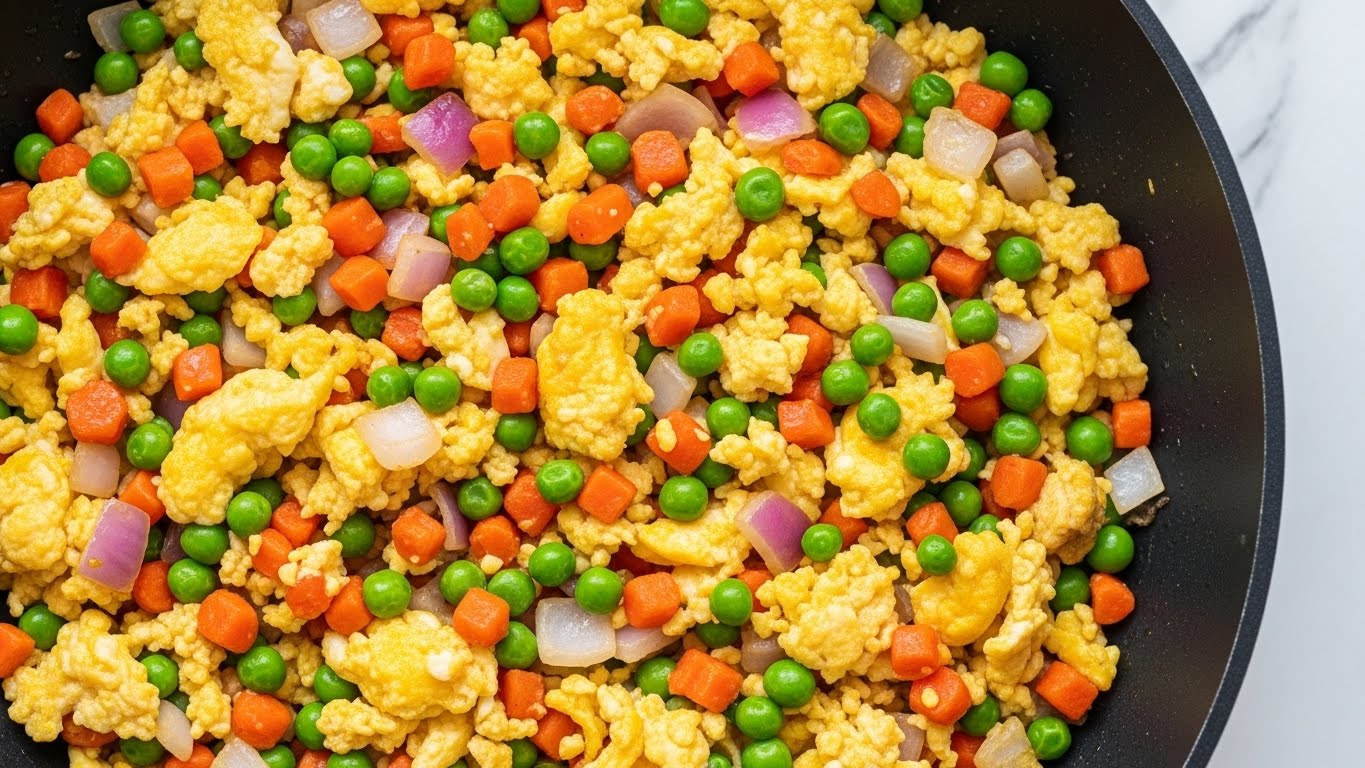 This image shows a close-up of a cooked mix of scrambled yellow eggs, orange small diced carrots, green peas, and small pieces of light purple onion, all evenly spread in a black pan. The eggs have a soft and fluffy texture, while the vegetables add bright, firm colors and contrast. The mix looks fresh and well-cooked, with the colors standing out against the dark pan and the background is a white marbled texture. Photo taken with an iphone --ar 4:5 --v 7