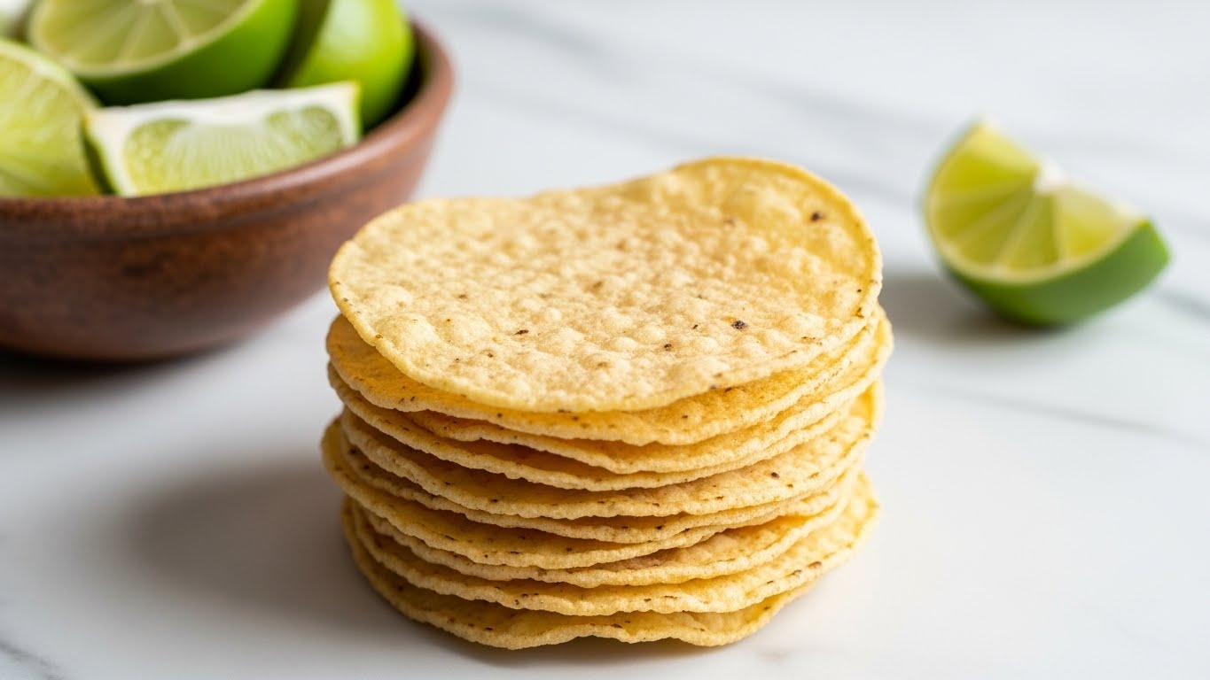 A stack of thin, pale yellow tortilla chips placed in the center of the image. The chips have a slightly rough and dry texture with tiny dark spots. In the background to the left, a rustic brown bowl holds several wedges of bright green lime pieces. There is also one lime wedge on the right side on a white marbled surface. The overall setting is bright with natural light highlighting the chips and the limes. photo taken with an iphone --ar 4:5 --v 7