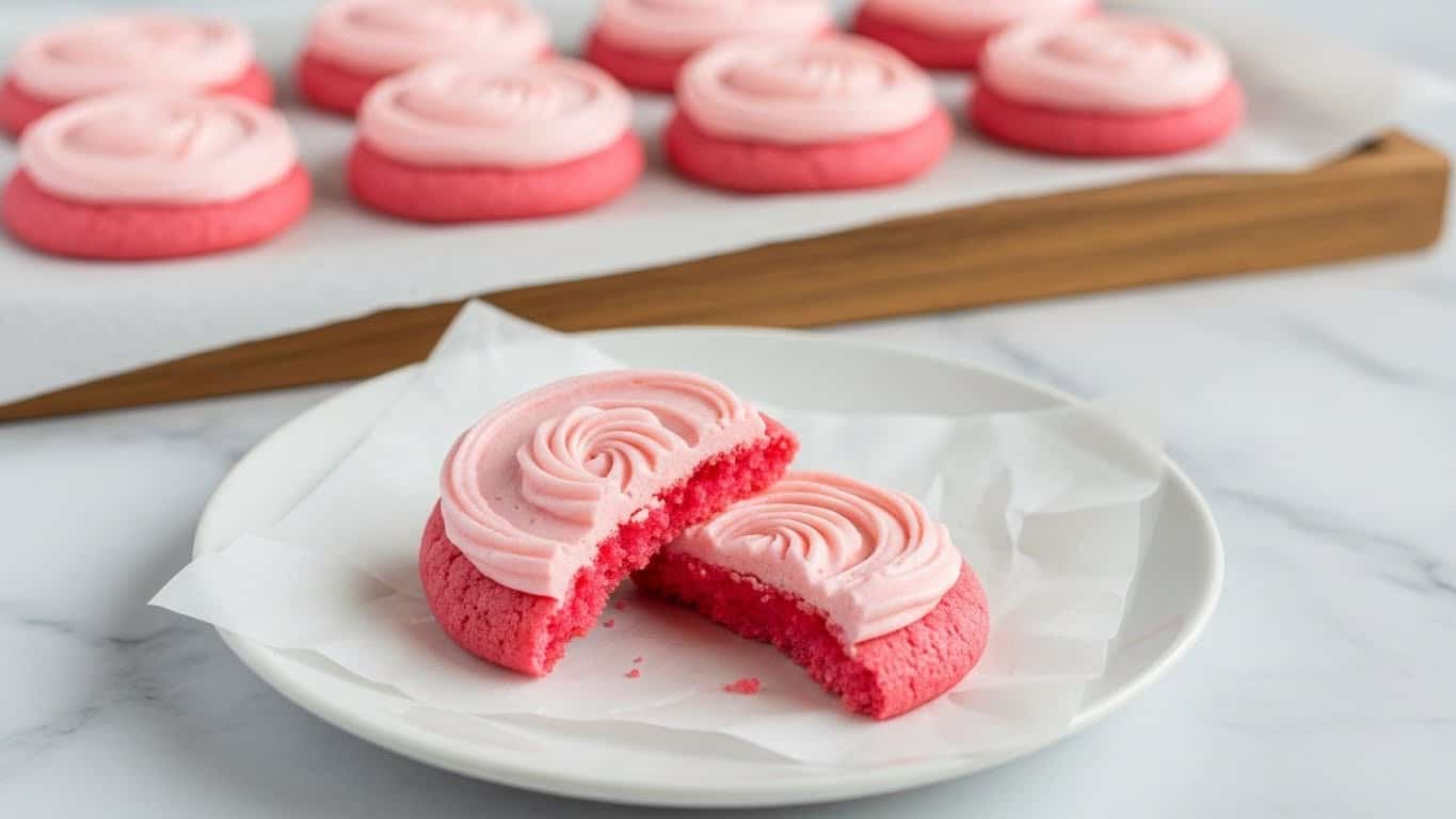 A white plate holds two round pink cookies with one broken to show its soft, moist inside; each cookie is topped with a thick swirl of light pink frosting that looks smooth and creamy. The cookies sit on a piece of white parchment paper, adding a subtle texture. In the background, a wooden tray with a white parchment paper lining displays several more identical pink cookies with the same thick swirled frosting on top. The whole scene is set on a white marbled surface, with soft natural lighting highlighting the creamy frosting and vibrant pink cookie colors. photo taken with an iphone --ar 4:5 --v 7