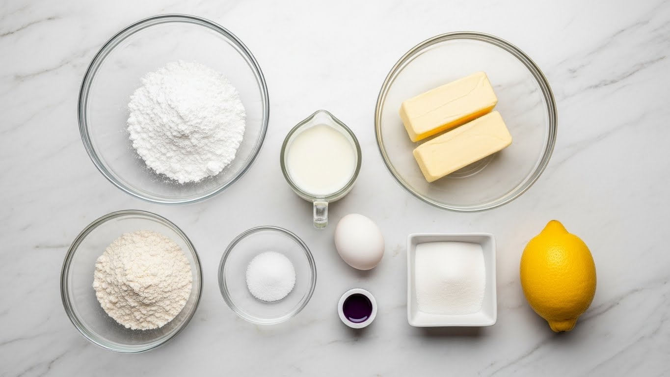 The image shows nine baking ingredients arranged neatly on a white marbled surface. In the top left, there is a large clear glass bowl filled with white powdered sugar. To the right, another clear glass bowl holds two sticks of light yellow butter. Below the powdered sugar, a smaller clear glass bowl contains white flour. Next to it are a smaller clear glass bowl of milk, a white square dish of salt, and a small clear bowl of white sugar. Between these bowls, a white egg sits on the marble. Below the salt, there is a tiny bottle of purple food coloring and a bright yellow lemon sits to the far right. Everything is viewed from above in a well-lit setting, photo taken with an iphone --ar 4:5 --v 7