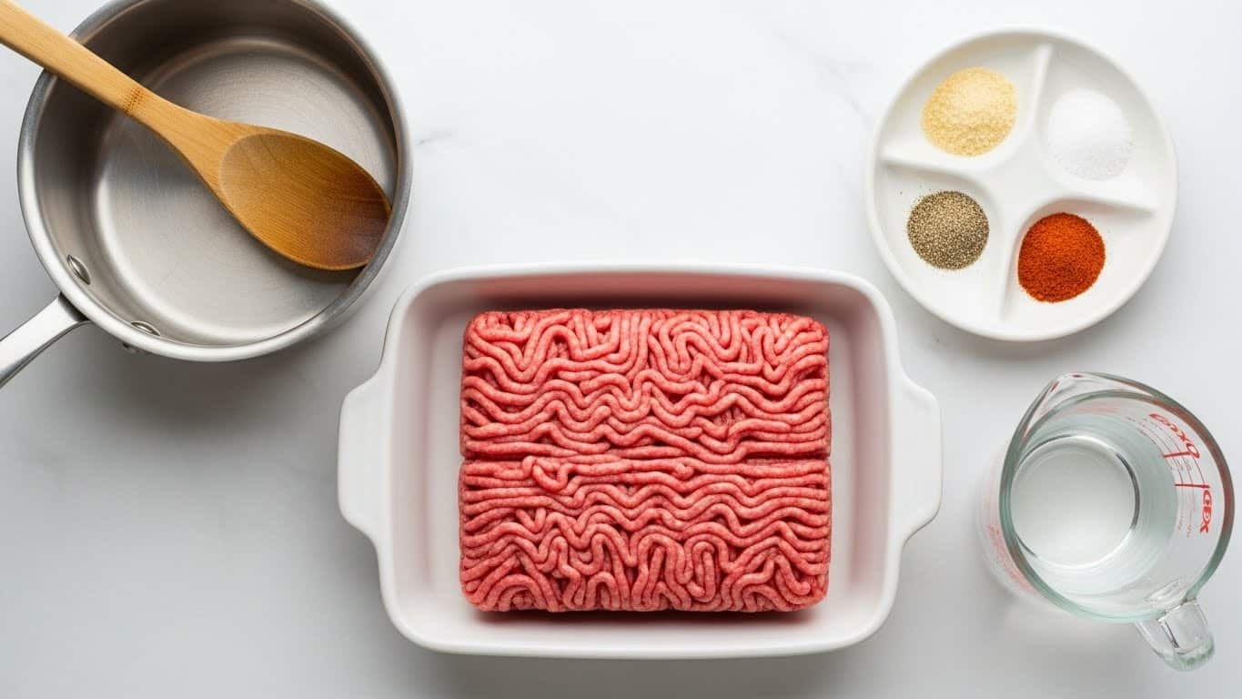 The image shows a white rectangular dish holding a block of raw ground meat with a texture of thin, wavy strands layered densely. Above the dish is a metal saucepan with a shiny surface and a wooden spoon resting inside it, the spoon’s texture is smooth with a natural light brown color. To the right of the dish is a small white pouring bowl divided into four sections with different spices: light yellow granules, white salt, black pepper, and orange-red powder. Below the spice bowl is a transparent glass measuring cup filled with clear water. All items are placed on a white marbled surface, and the lighting creates soft shadows. Photo taken with an iphone --ar 4:5 --v 7