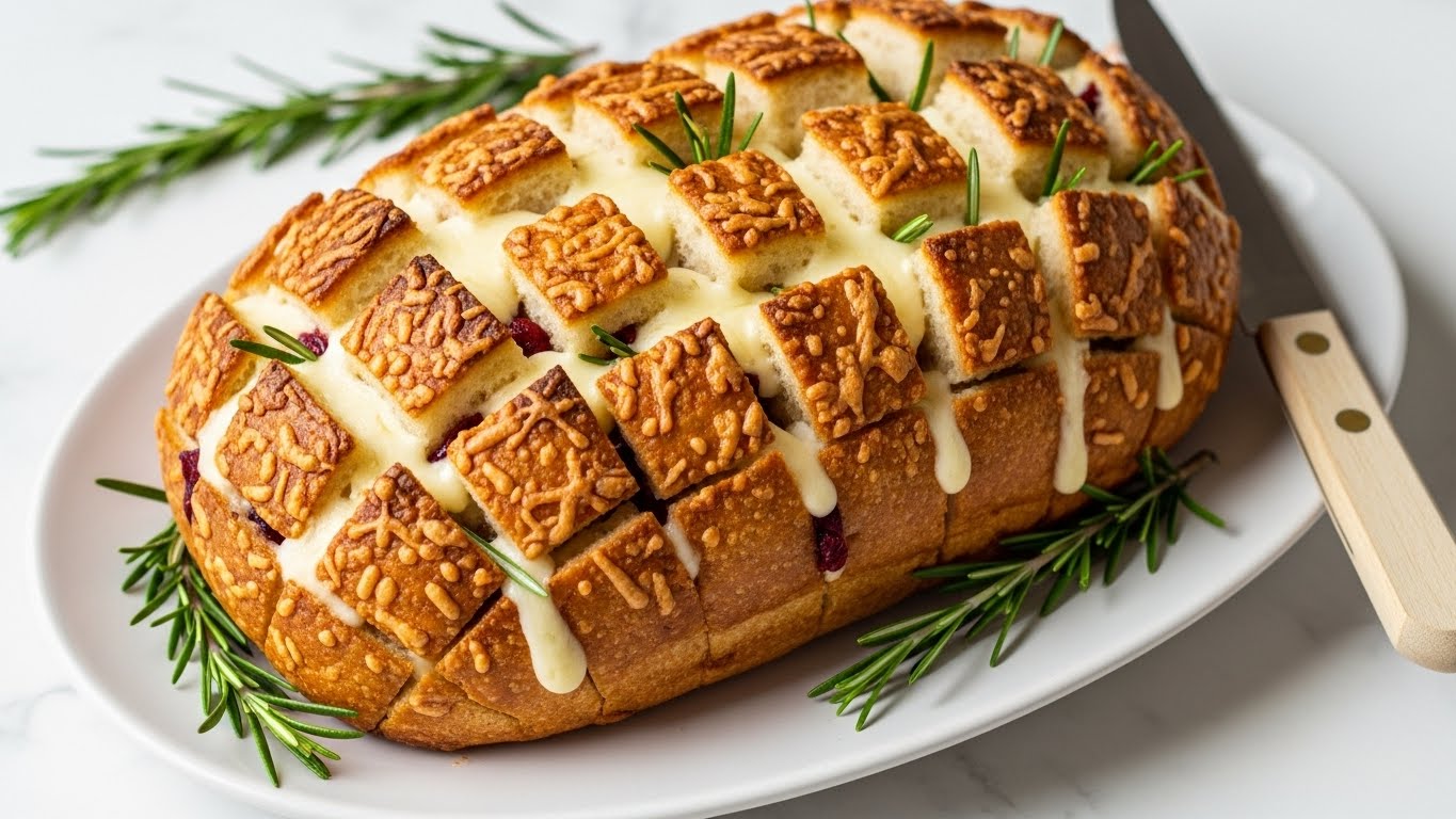 A loaf of bread sits on a white oval plate on a white marbled surface. The bread is cut into a grid pattern with golden brown crust and soft inside, with melted white cheese oozing out between the squares. There are green rosemary sprigs tucked into some of the bread cuts and placed decoratively around the plate. To the right of the plate is a knife with a light wooden handle resting partly on the plate. The overall look is warm and inviting, with the bread showing a mix of creamy cheese and crispy toasted edges. Photo taken with an iphone --ar 4:5 --v 7