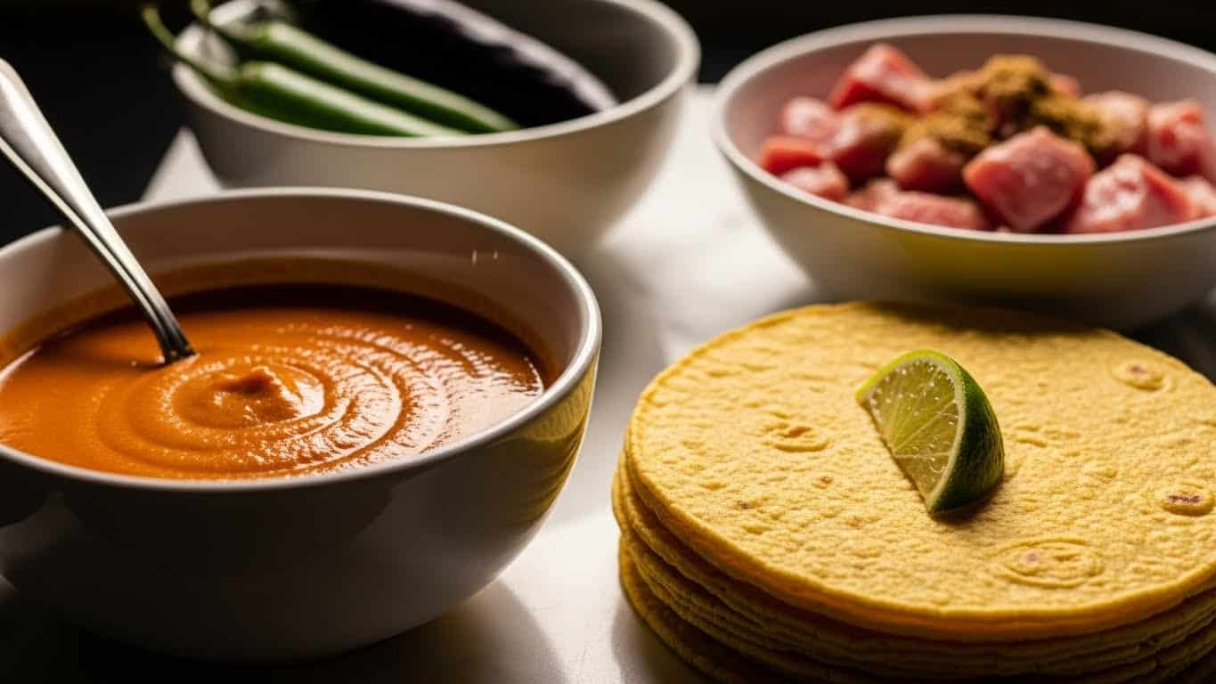 A stack of four yellow corn tortillas with a small piece of green lime on top sit in the lower right corner, showing a soft, slightly rough texture. Behind them to the left is a white bowl filled with a smooth, bright orange-red sauce, with a silver spoon resting inside, catching light and shadow. In the background and slightly out of focus, there is a white bowl with dark green and purple chili peppers, and another white bowl holding a mix of small chunks of raw light pink meat and some brown spices, all set on a white marbled surface. The lighting is warm with deep shadows. photo taken with an iphone --ar 4:5 --v 7
