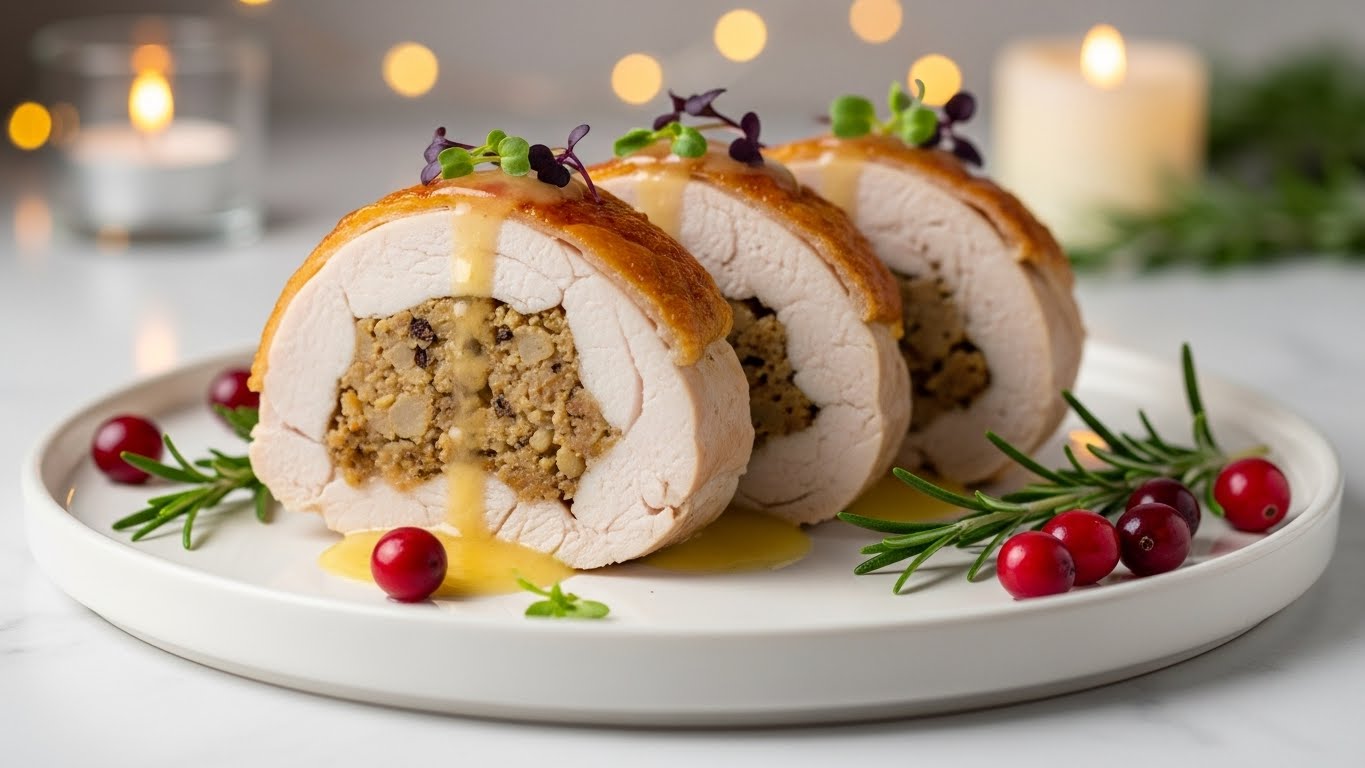 Three thick slices of stuffed chicken are placed on a white round plate over a white marbled surface. Each slice shows three layers: the outer light brown roasted skin, a thick white cooked chicken layer beneath, and a center stuffing layer made of a mix of beige and dark brown bits. The chicken is topped with light yellow sauce and garnished with small green herbs and sprigs of rosemary. A few plump red cranberries are scattered on the plate nearby, with soft warm light and blurred candle lights in the background. photo taken with an iphone --ar 4:5 --v 7