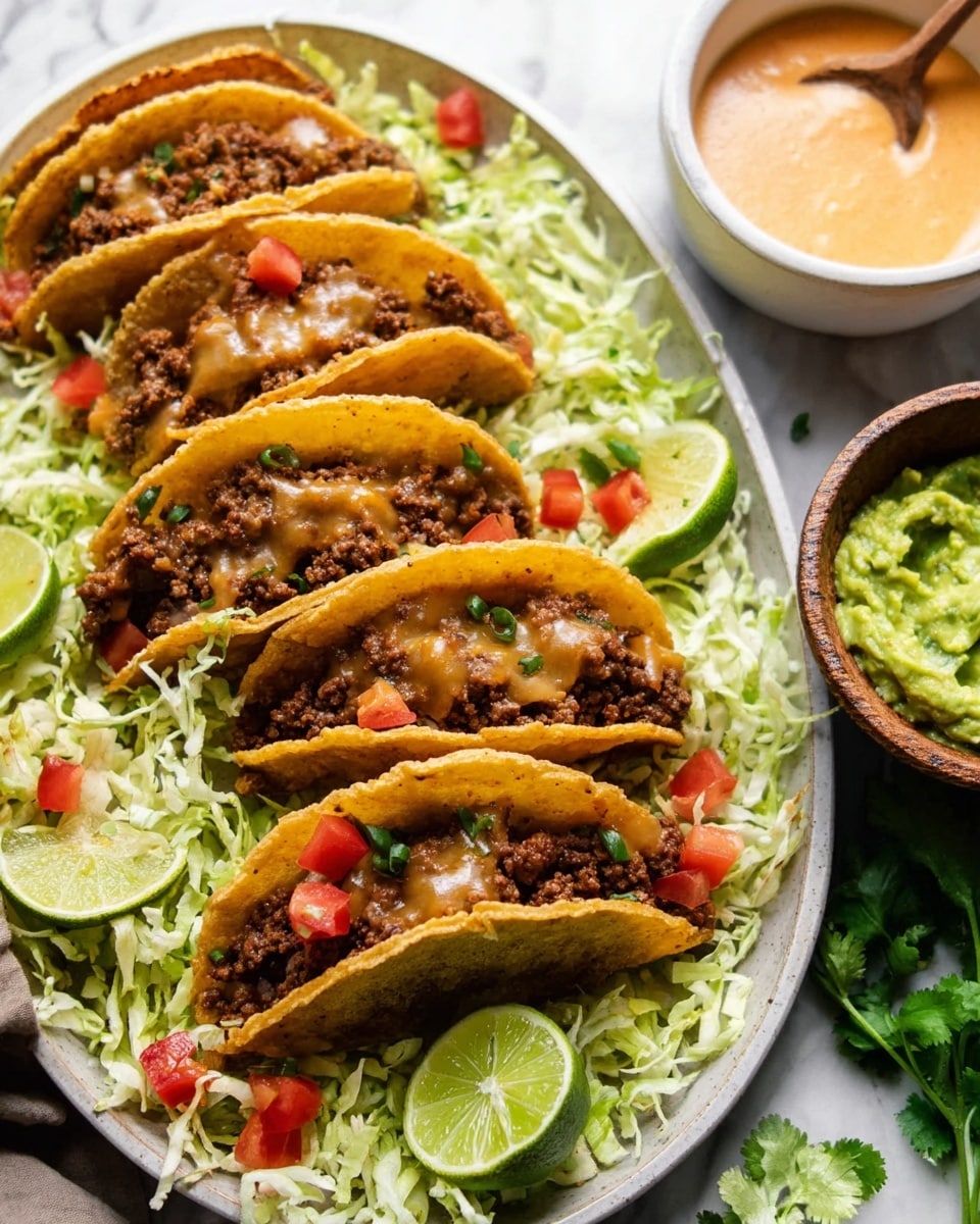 A taco is shown held by a woman's hand, dipped halfway into a white round bowl filled with smooth orange sauce. The taco has a warm golden-brown shell and is layered with cooked minced meat, small green and red vegetable pieces, and melted cheese. In the background, two tacos rest on a white plate with shredded lettuce and diced tomatoes, all placed on a white marbled surface. The sauce drips slightly from the taco edge. photo taken with an iphone --ar 4:5 --v 7