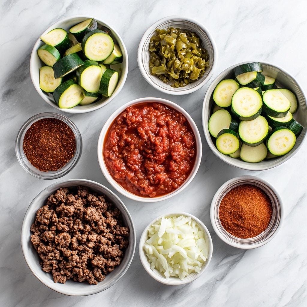 A white bowl sits on a white marbled surface filled with a textured mix of brown cooked ground meat and chunky pieces of green zucchini. The meat and zucchini are well combined, showing bits of red from small tomato pieces evenly scattered throughout. A metal spoon rests inside the bowl, partially buried in the mix, and a whole lime is blurred in the background. The colors are warm and earthy with the green of the zucchini providing fresh contrast. photo taken with an iphone --ar 4:5 --v 7