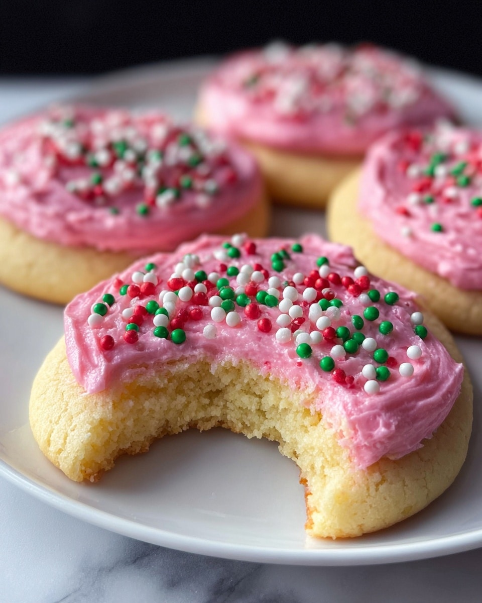 A close-up of four round cookies on a white plate placed on a white marbled surface. Each cookie has one thick layer of soft, light yellow dough at the base, topped with a thick layer of bright pink frosting that looks smooth and creamy. The frosting is evenly spread and decorated with small round sprinkles in red, green, and white colors, giving a festive look. One cookie in the front has a big bite taken out, showing the soft and crumbly texture inside. The background is blurred dark, making the cookies stand out clearly. photo taken with an iphone --ar 4:5 --v 7