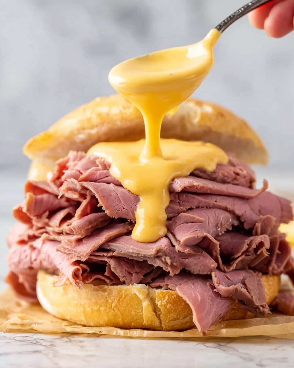 A sandwich with one thick white bun base is covered with many soft, thin slices of pink roast beef piled high with folds and wrinkles. A spoon held by a woman's hand drizzles a smooth, thick yellow cheese sauce over the top center of the roast beef. The background and surface have a white marbled texture. Photo taken with an iphone --ar 4:5 --v 7