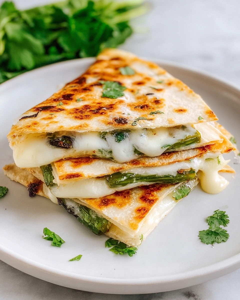 The image shows two folded pieces of flatbread quesadilla stacked on a white plate, placed on a white marbled surface. Each quesadilla has a golden brown, slightly crispy exterior with small browned spots and bits of green herb on top. The inside layers reveal melted white cheese oozing out along with slices of green vegetables, likely green chilies or peppers, peeking from between the bread. Some melted cheese drips slightly from the edges. Fresh green leaves, possibly cilantro, are scattered on and around the quesadillas, adding a fresh touch to the dish. Photo taken with an iphone --ar 4:5 --v 7