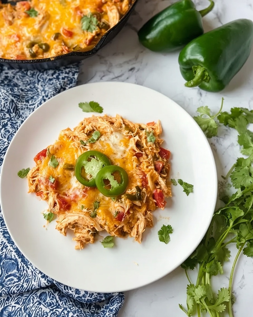 A white plate holds a layered dish made of shredded chicken mixed with red and green pieces, topped with melted yellow and white cheese, and garnished with two slices of green jalapeño and some green coriander leaves. To the upper right side of the plate, a black pan filled with the same cheesy chicken mixture is partially visible. Near the plate, fresh green bell pepper and a bunch of coriander leaves rest beside a blue and white patterned cloth, all set on a white marbled surface. Photo taken with an iphone --ar 4:5 --v 7