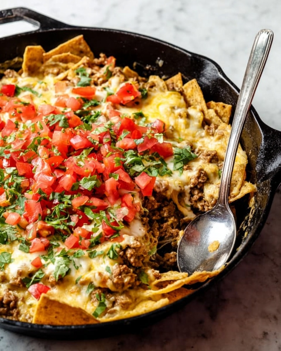 The image shows a black cast iron skillet filled with a dish that has several layers and colors. At the bottom, there are torn, light brown tortilla chips mixed with cooked ground meat. On top of that, melted pale yellow and white cheese covers the chips and meat, creating a creamy texture that binds everything. Chopped bright red tomatoes and green herbs are spread over the cheese, adding fresh color and contrast. In the skillet, a silver spoon is placed on the right side, ready to scoop the dish. The skillet is on a white marbled surface, giving a clean and simple background. photo taken with an iphone --ar 4:5 --v 7