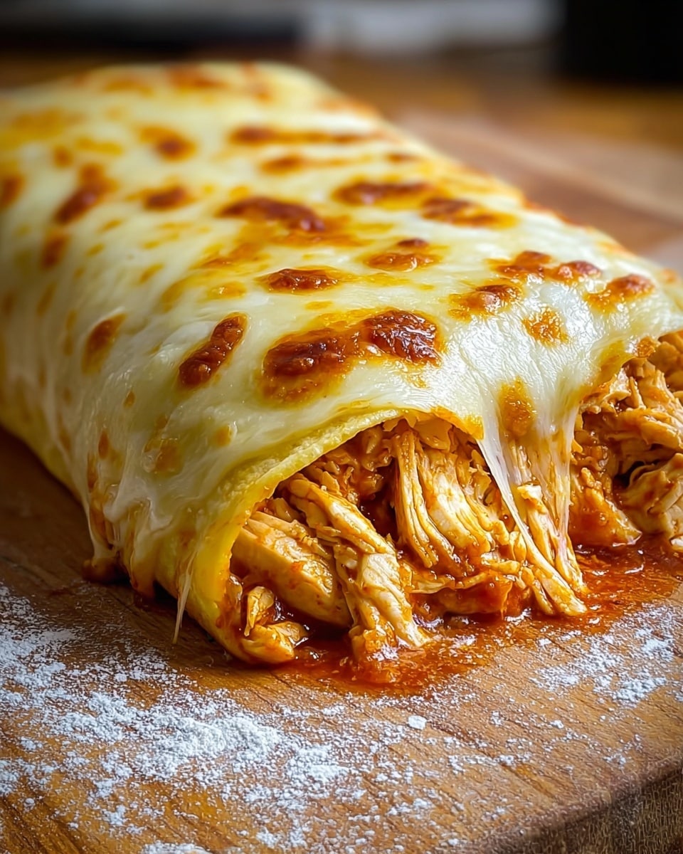 A close-up view of a rolled food wrap sitting on a wooden surface with some flour dusted around. The wrap has an outer layer of soft dough colored pale beige, covered with a thick layer of melted cheese that has golden brown spots. Inside the wrap, shredded chicken pieces are packed tightly, showing a juicy, slightly orange color. The wrap is cut into sections, with the front piece fully visible, showing the chicken filling inside clearly. The wooden surface in the background looks smooth and natural. photo taken with an iphone --ar 4:5 --v 7