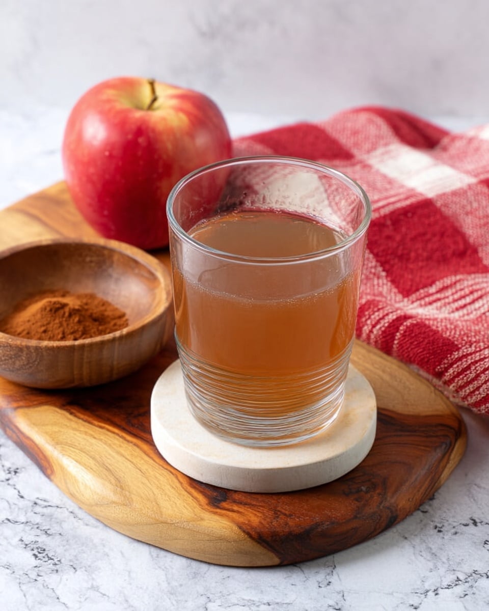 A clear glass about half full of light brown apple cider sits on a round white coaster on a wooden board with natural grain patterns. Behind the glass, there is a small wooden bowl filled with brown cinnamon powder and a whole red apple. A red and white checkered cloth is folded in the background on a white marbled surface. The photo is taken with an iphone --ar 4:5 --v 7