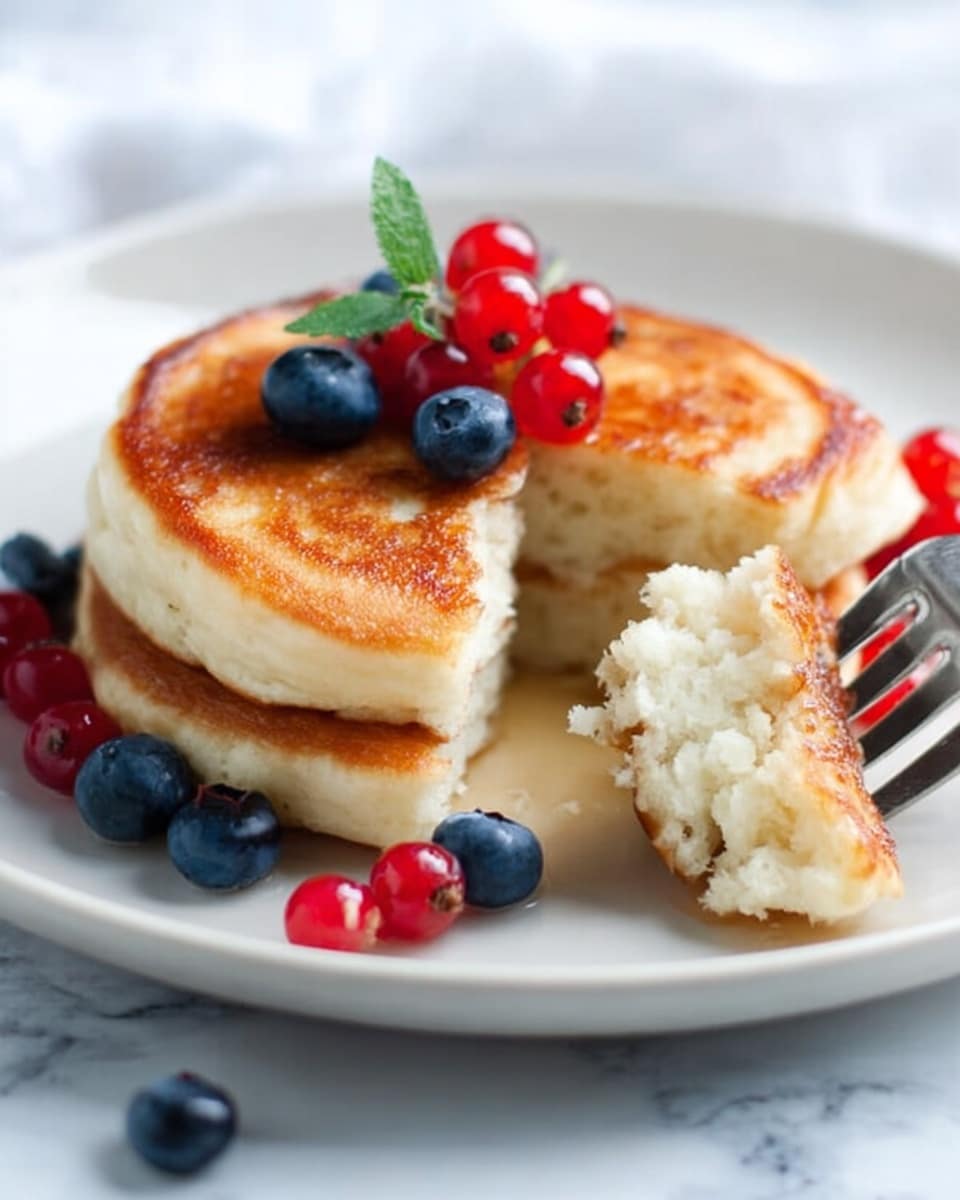 A white plate holds two thick, fluffy pancakes stacked with a soft, golden-brown texture, one pancake broken to show its airy inside. Fresh blueberries and red currants are scattered on the plate and on the pancakes, with a small green herb leaf for color contrast. A silver fork lifts a piece of pancake from the plate. The scene is set on a white marbled surface with a soft background. photo taken with an iphone --ar 4:5 --v 7