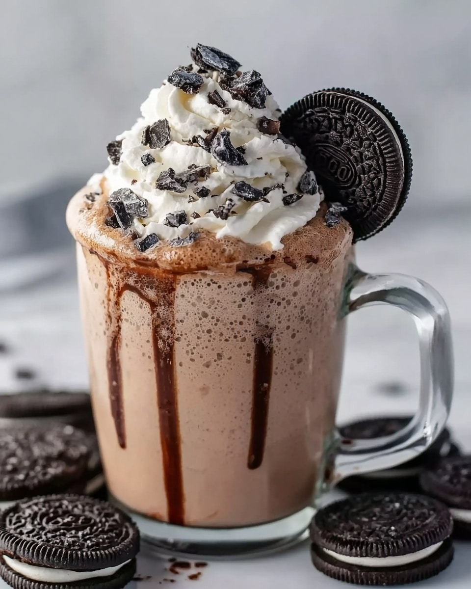 A clear glass mug filled with a thick, light brown drink which has darker brown chocolate streaks inside the mug, dripping down the sides. On top, there is a large swirl of white whipped cream sprinkled with small pieces of dark chocolate. A whole black and white sandwich cookie is placed vertically on the right side of the whipped cream. Around the mug, there are more black and white sandwich cookies laid on a white marbled surface. photo taken with an iphone --ar 4:5 --v 7