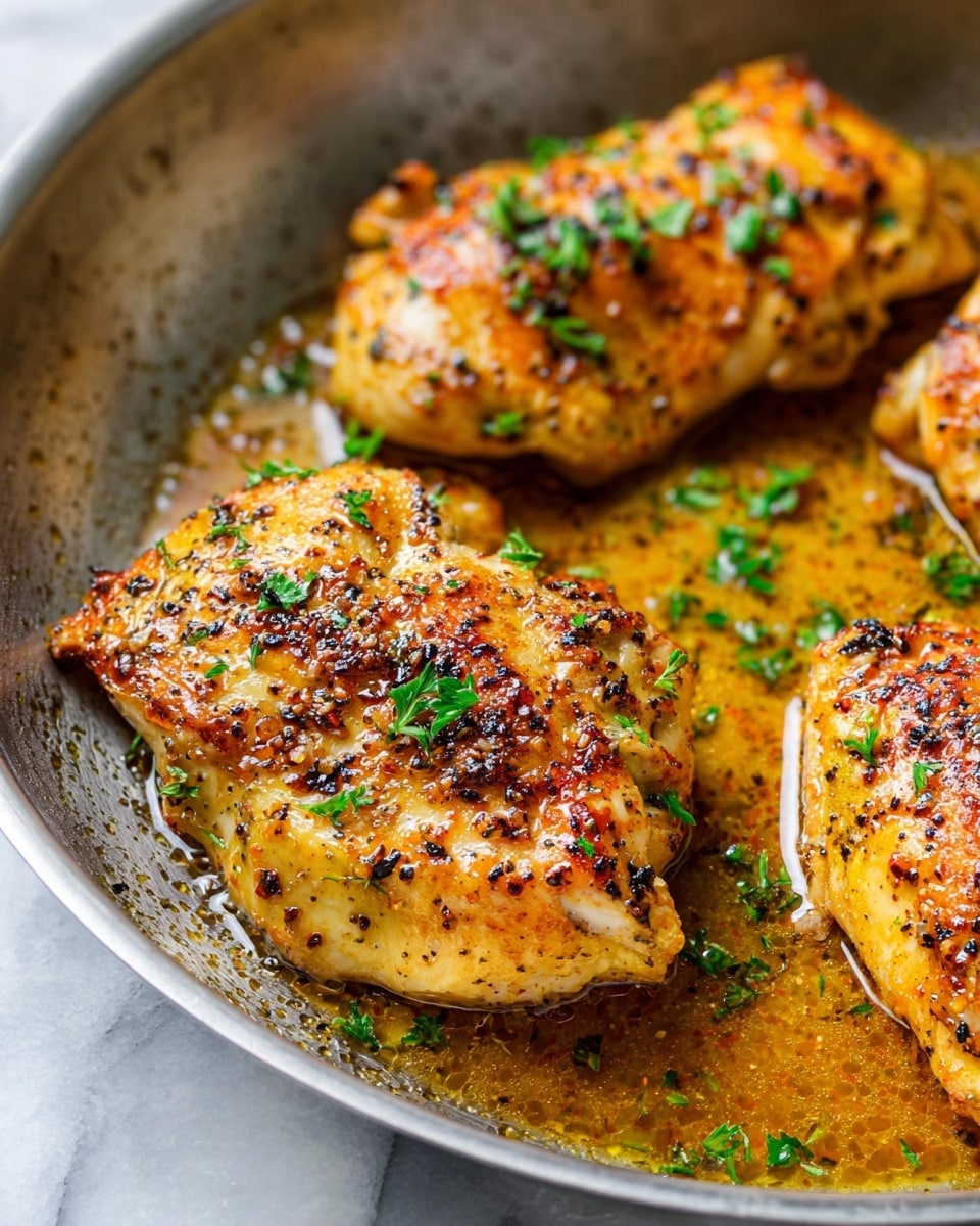 The image shows three cooked chicken pieces in a pan with a brown sauce. Each piece is golden yellow with dark seasoning specks and some green herb pieces sprinkled on top. The chicken looks moist and tender, sitting in a thin layer of sauce with oil and spices floating in it. The pan is silver and sits on a white marbled surface. The photo shows a close-up view focusing on details of the chicken texture and sauce, with soft natural light highlighting the shiny and cooked parts of the dish. photo taken with an iphone --ar 4:5 --v 7