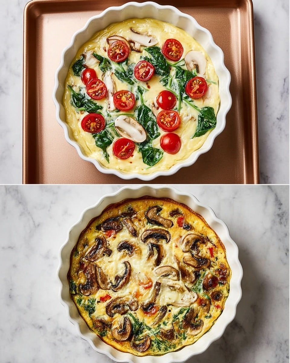 The image shows two white fluted round dishes with a vegetable frittata at two stages. The top dish has a raw mixture with a creamy yellow egg base spread evenly. Inside, there are layers of fresh spinach leaves, sliced white mushrooms, and halved red cherry tomatoes scattered on top. The dish rests on a copper-colored baking tray set on a white marbled surface. The bottom dish shows the baked frittata, now golden and puffed with browned edges. The mushrooms are cooked to a darker brown, the tomatoes soften but keep their shape, and the spinach is wilted but visible. The top layer has melted cheese creating a smooth, slightly browned texture over the vegetables. The dish is framed by the ridged white ceramic edge on the same white marbled surface photo taken with an iphone --ar 4:5 --v 7