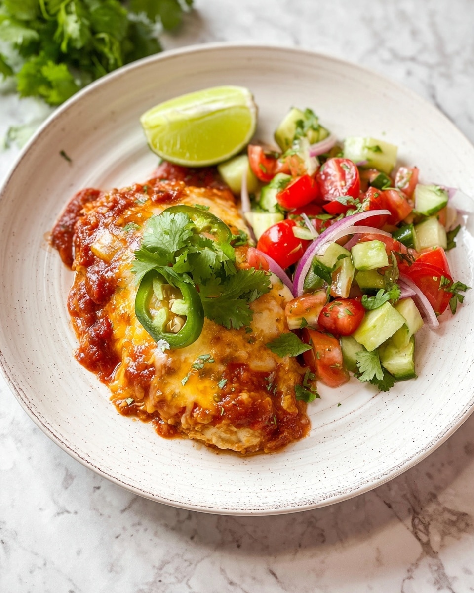 A white plate holds a dish with two main parts: on the left, a piece of baked chicken covered with melted light yellow cheese and bright red tomato sauce layered thickly on top, garnished with fresh green cilantro leaves and a visible slice of green jalapeño; on the right, a colorful salad made of chopped red cherry tomatoes, light green cucumber pieces, thin slices of purple onion, and green cilantro leaves scattered throughout; a small wedge of lime rests on the edge of the plate. The plate sits on a larger white speckled plate, both on a white marbled texture surface. photo taken with an iphone --ar 4:5 --v 7