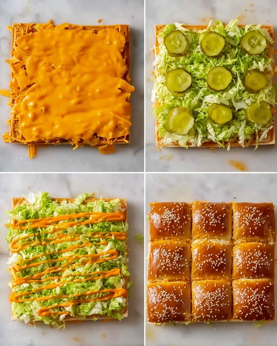 The image shows four steps of a sandwich bake on a white marbled surface. In the first step, there is a single bright orange layer of cheese topped with a layer of chopped green lettuce spread unevenly. The second step adds round green pickle slices evenly spread over the lettuce and cheese layers. In the third step, an orange sauce is drizzled in thin lines across the pickle, lettuce, and cheese layers, creating a textured and colorful look. The final step shows a golden brown square-topped bread layer with shiny, sesame-seeded pieces neatly covering the previous layers and cut into uniform squares. photo taken with an iphone --ar 4:5 --v 7