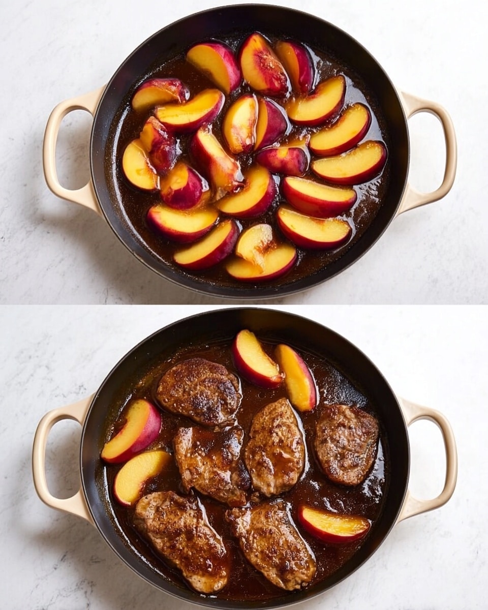 The image shows a beige-handled black pan sitting on a white marbled surface. In the left part of the image, the pan is filled with a dark brown sauce that covers the bottom. On top of the sauce, there are several slices of red and yellow peaches spread evenly in one layer. In the right part of the image, the same pan now contains three browned pieces of meat placed in the center with some peach slices arranged around and partially overlapping the meat. The dark sauce remains visible under and around the meat and peaches, creating a rich, glossy texture. Photo taken with an iphone --ar 4:5 --v 7